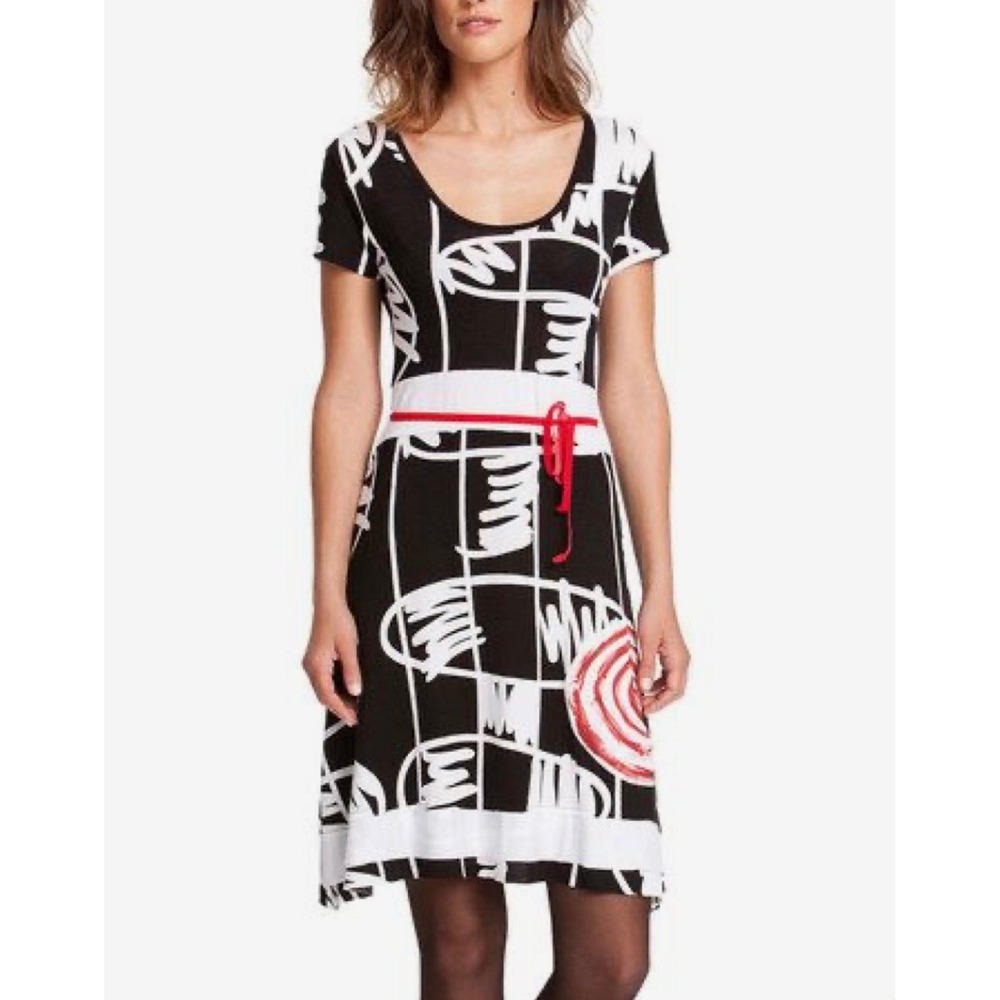Desigual Black White Graphic Print‎ Belted Knit Dress 46V2006 Size XL